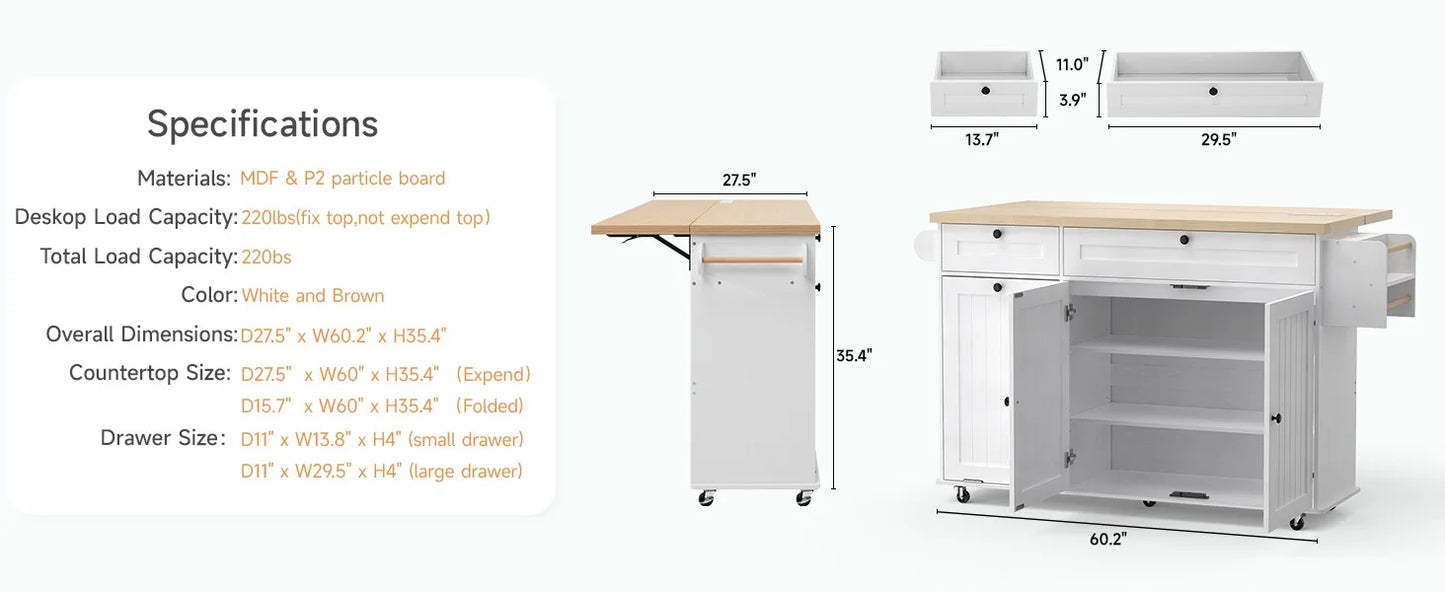 ONBRILL Mobile Kitchen Island With Power Outlet And Towel Rack