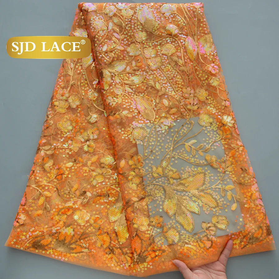 SJD Lace African Mesh Sequins Fabric Bridal Lace Wedding Dress