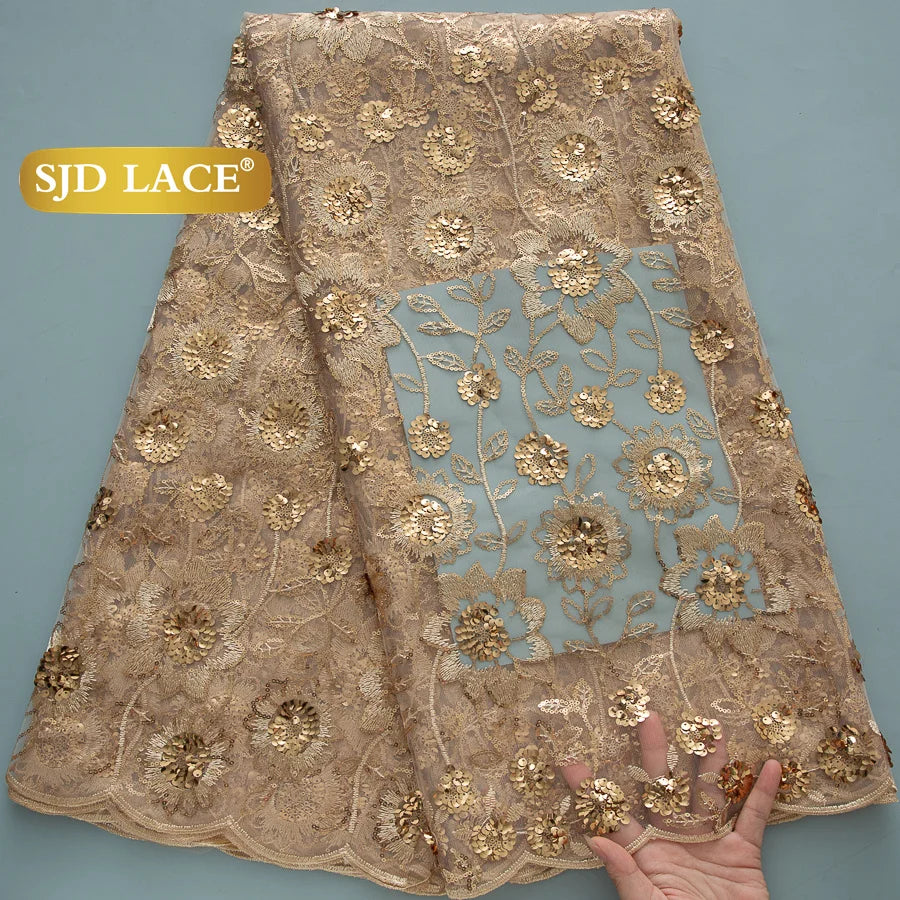 SJD Lace African Mesh Sequins Fabric Bridal Lace Wedding Dress