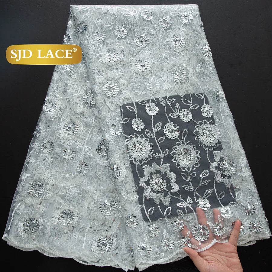 SJD Lace African Mesh Sequins Fabric Bridal Lace Wedding Dress