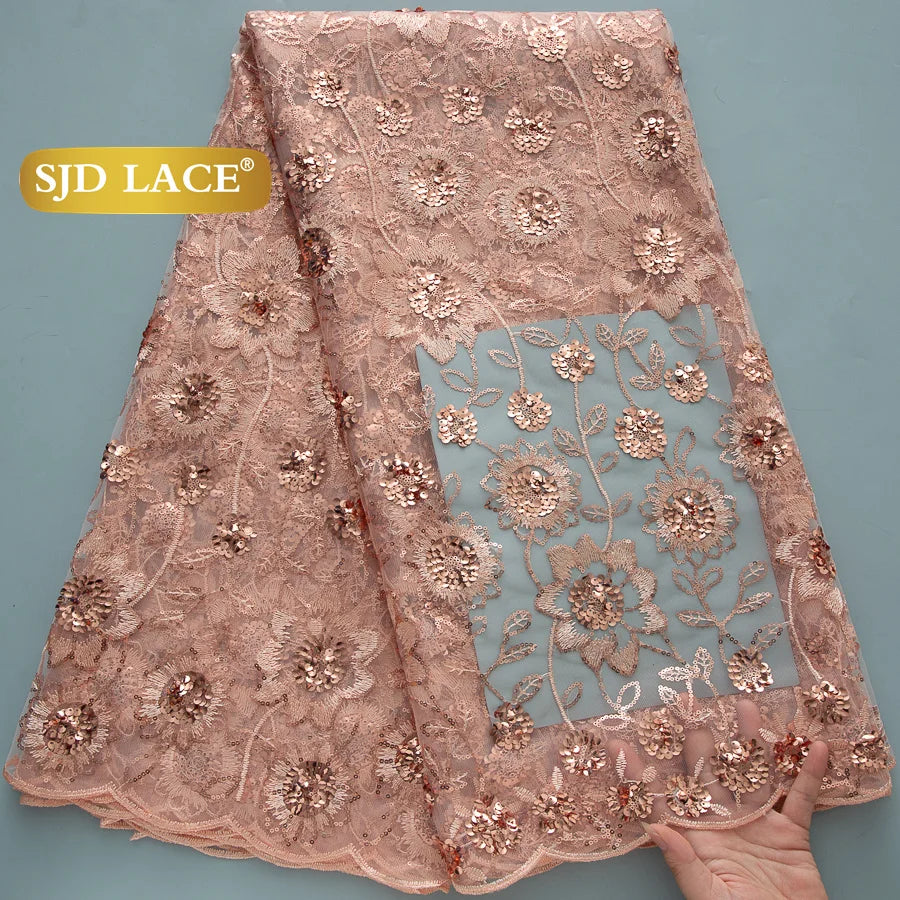SJD Lace African Mesh Sequins Fabric Bridal Lace Wedding Dress
