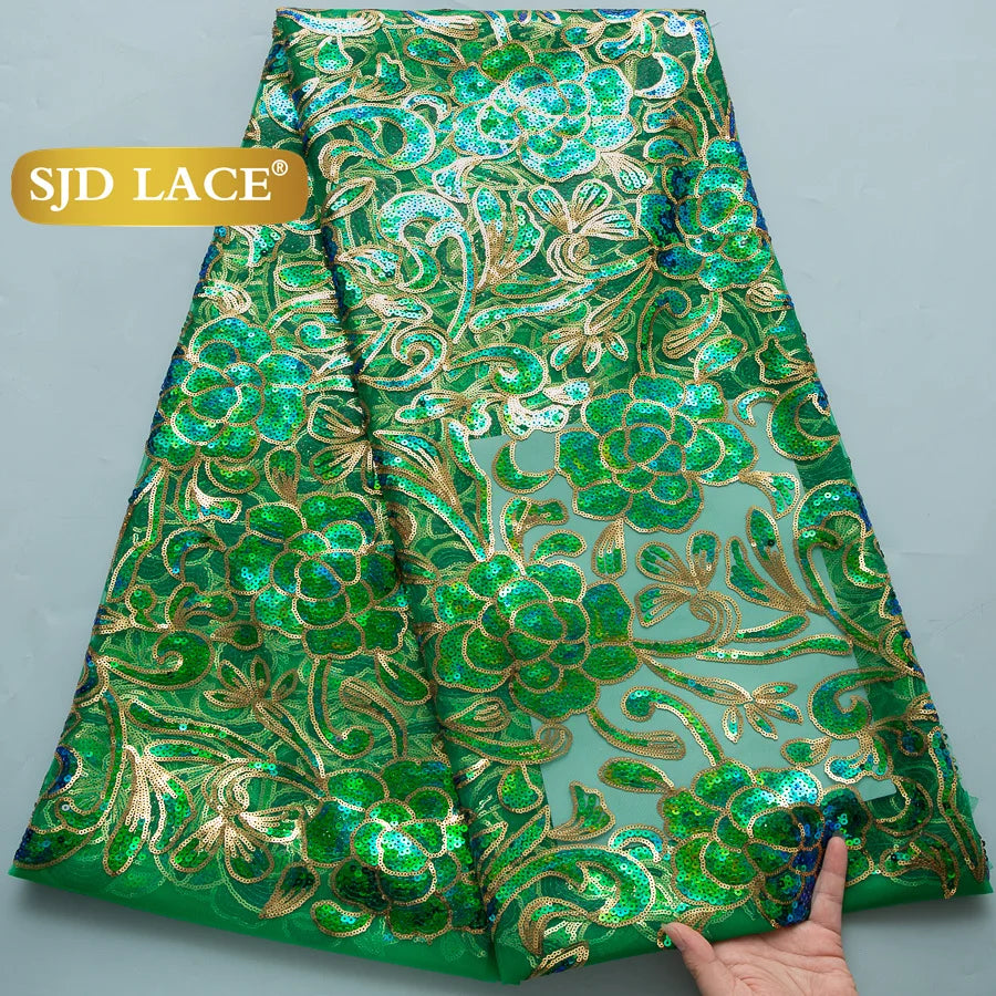 SJD Lace African Mesh Sequins Fabric Bridal Lace Wedding Dress