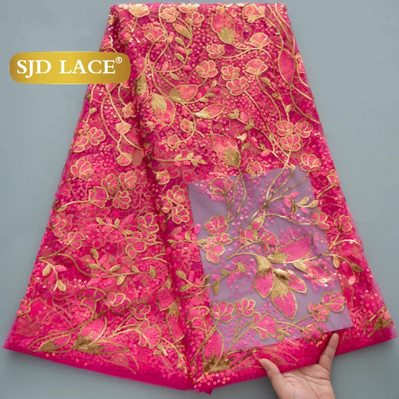 SJD Lace African Mesh Sequins Fabric Bridal Lace Wedding Dress
