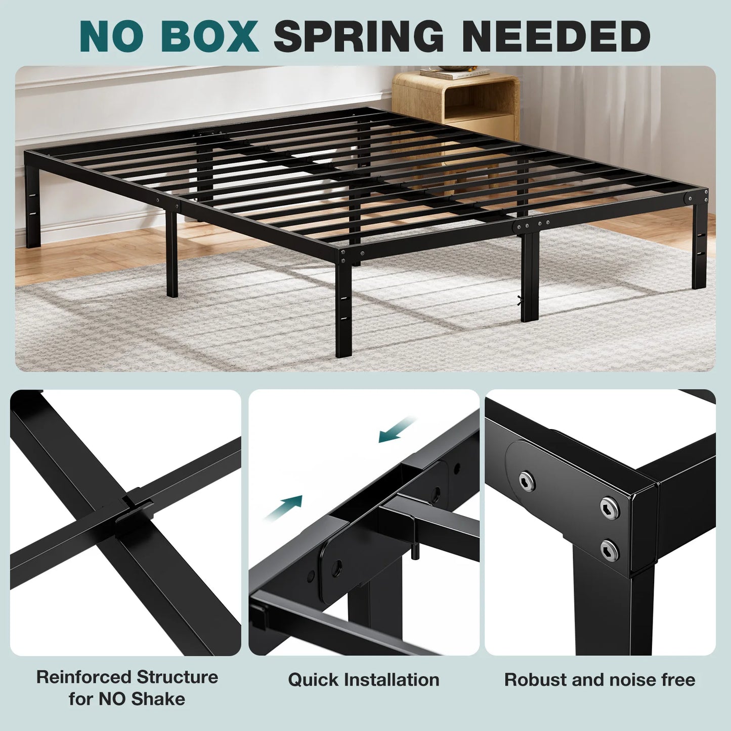 JHK Metal Bed Frame With Slat Support