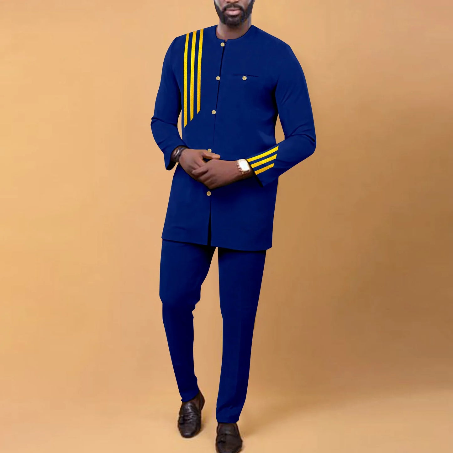 APTXCN Bazin Men African Suit Set Single Breasted