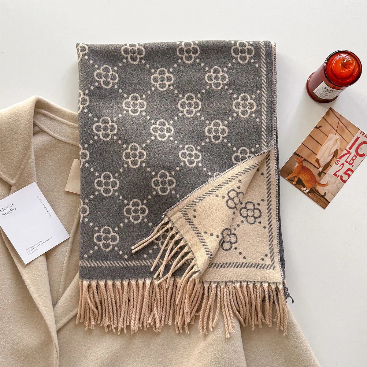 Floral Print Scarf For Women Polyester Winter Wrap