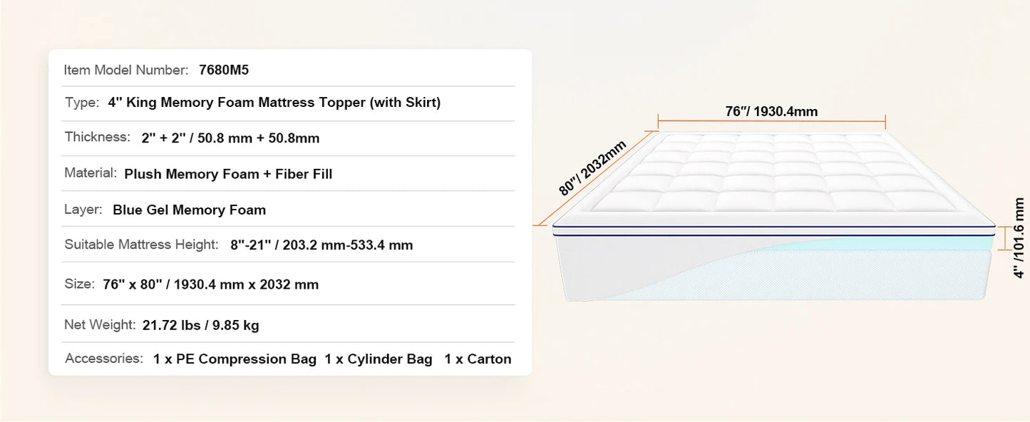 NONECN Memory Foam Mattress Topper With Fiber Fill