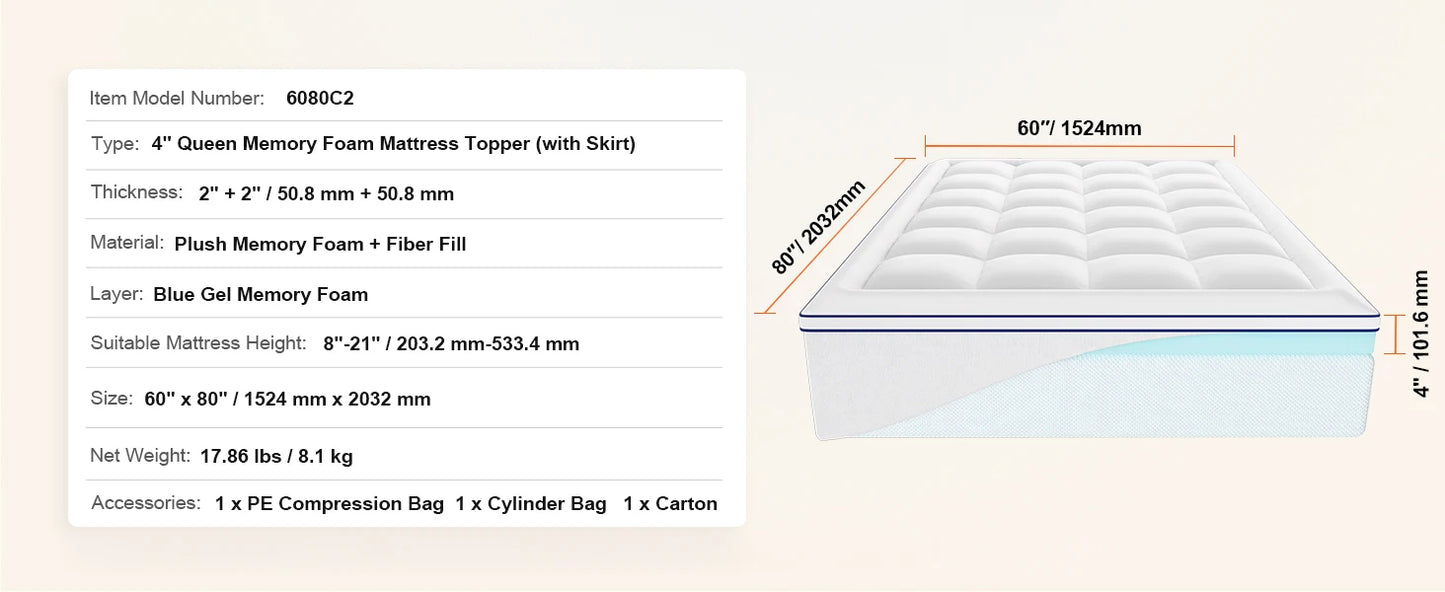 NONECN Memory Foam Mattress Topper With Fiber Fill