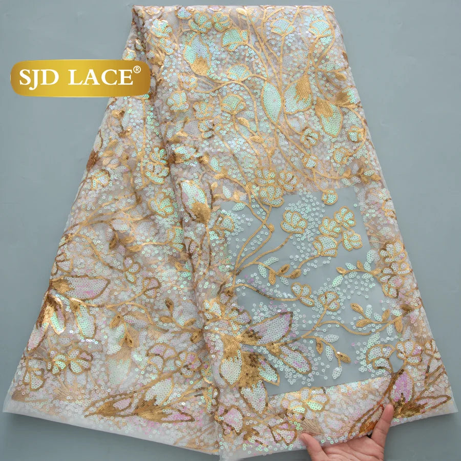 SJD Lace African Mesh Sequins Fabric Bridal Lace Wedding Dress