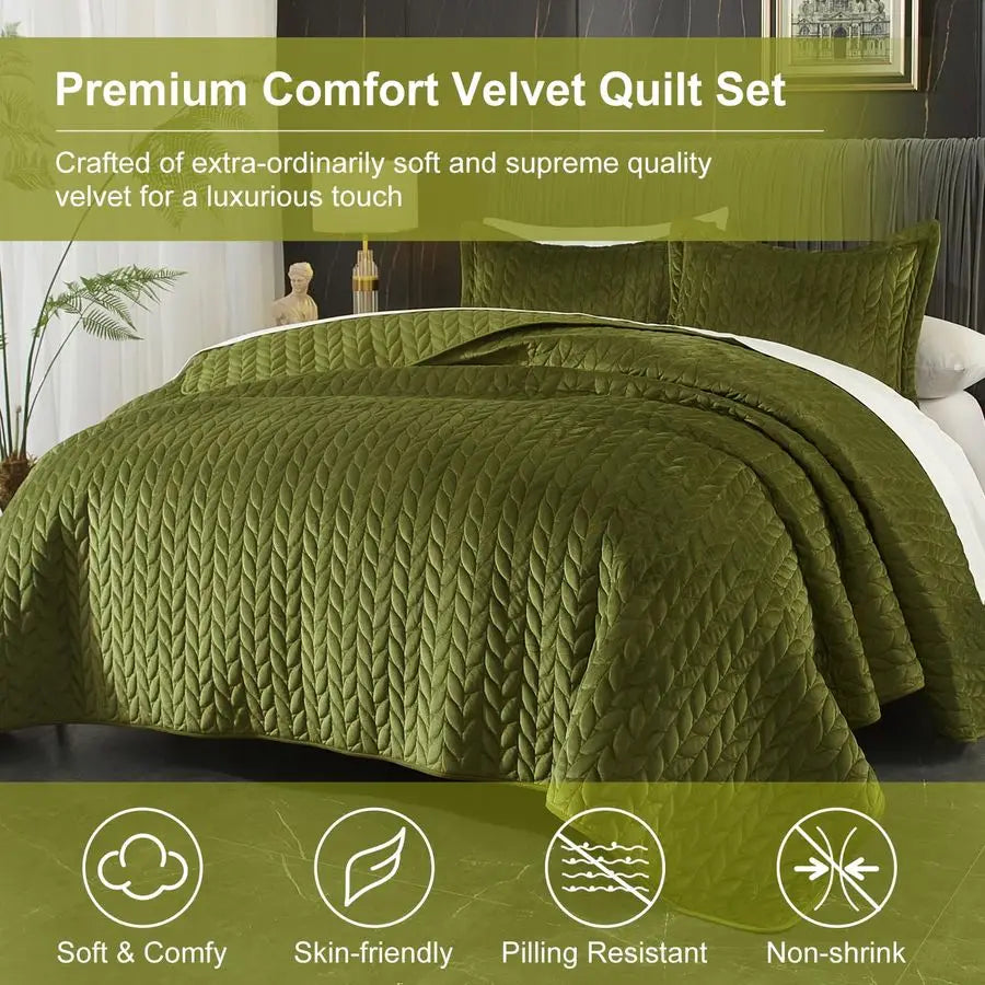 Velvet Quilt Set Lightweight 3 Piece Bedding For All Season