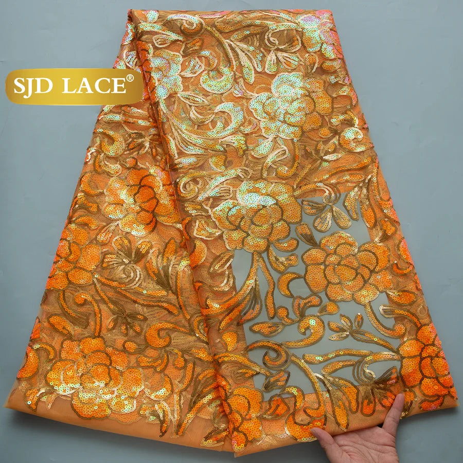 SJD Lace African Mesh Sequins Fabric Bridal Lace Wedding Dress