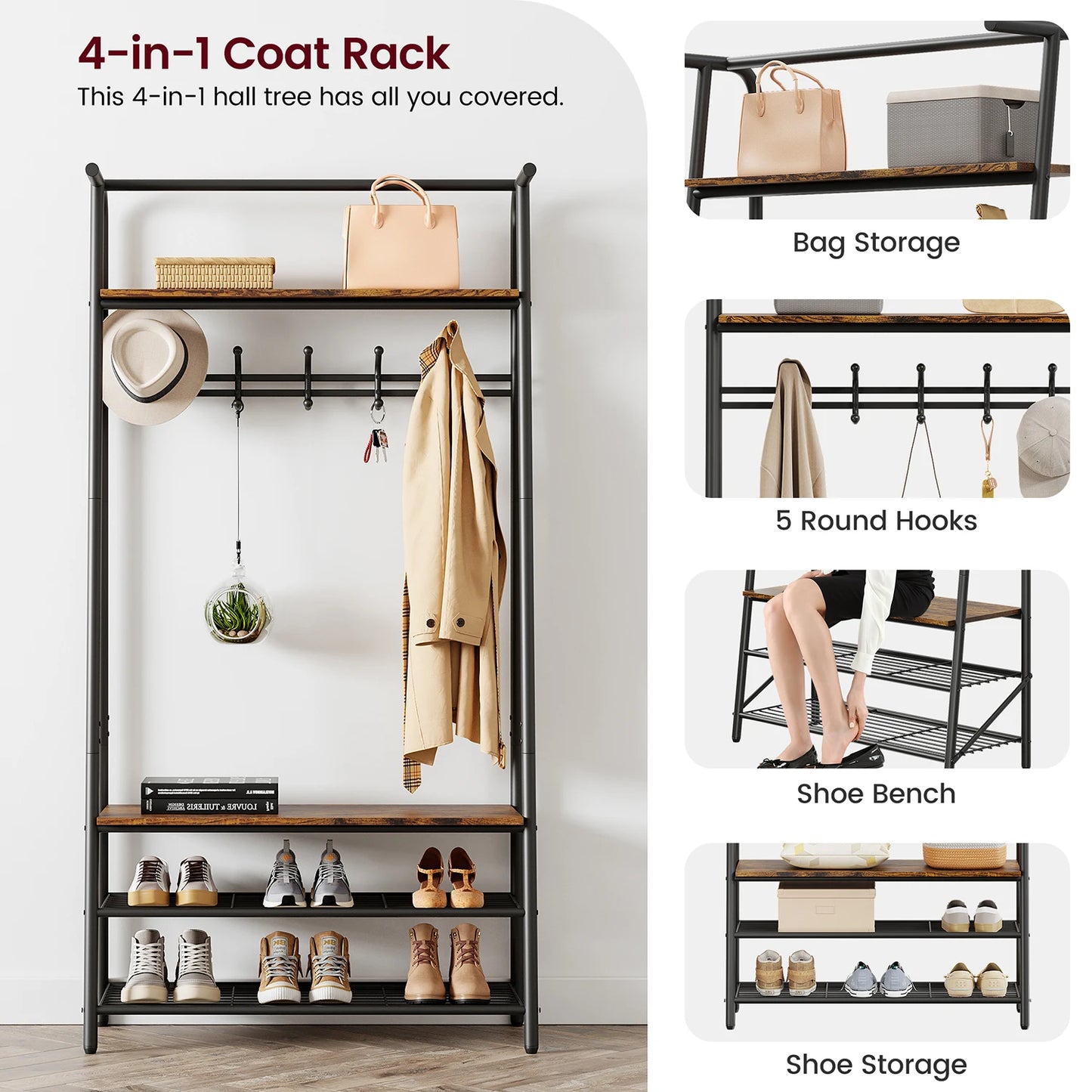 TWISTER.CK 4-in-1 Coat Rack Bench Hall Tree With Shoe Rack