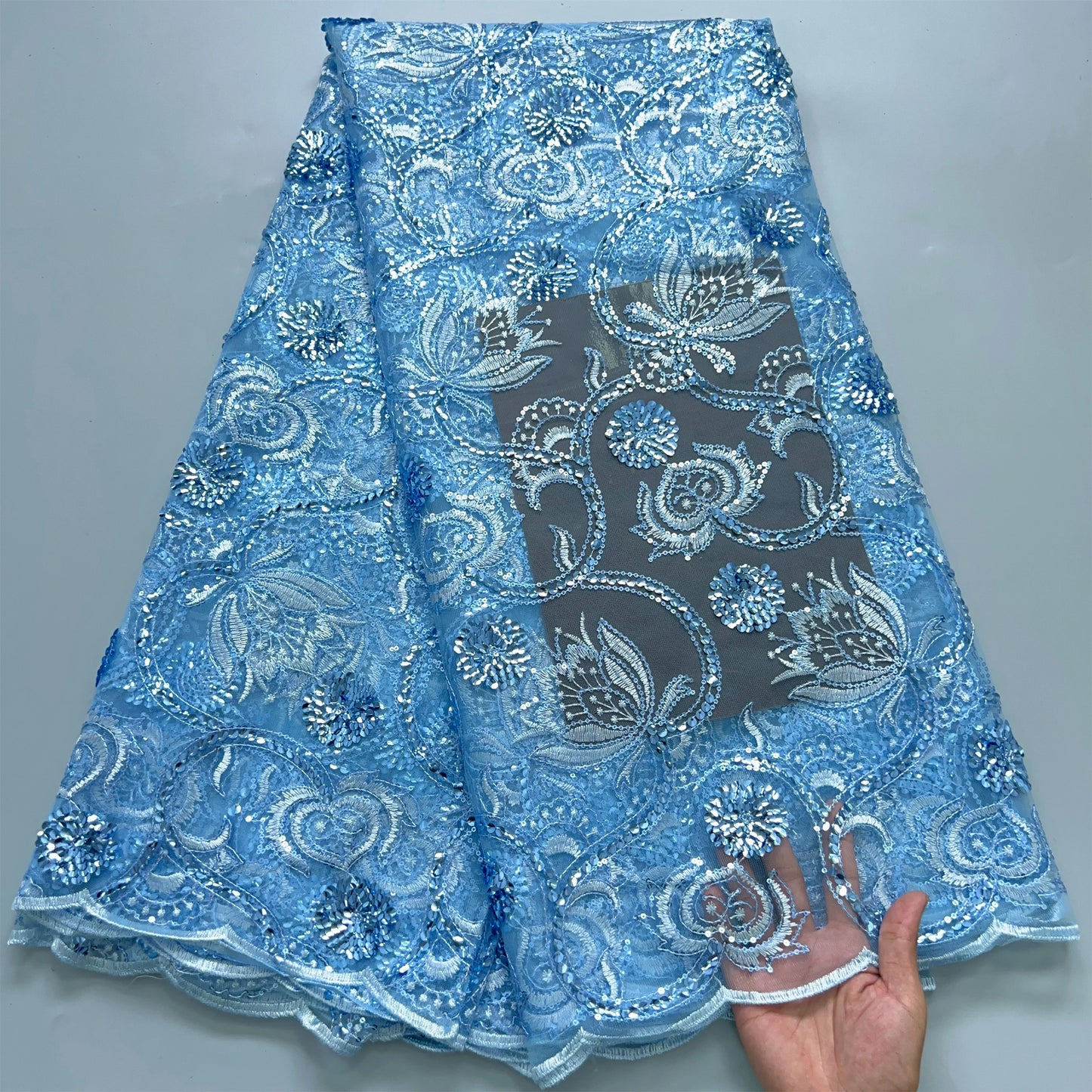 SJD Lace African Mesh Sequins Fabric Bridal Lace Wedding Dress