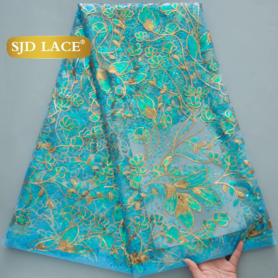 SJD Lace African Mesh Sequins Fabric Bridal Lace Wedding Dress