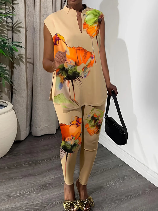Floral Print Sleeveless V-Neck Slit Suit