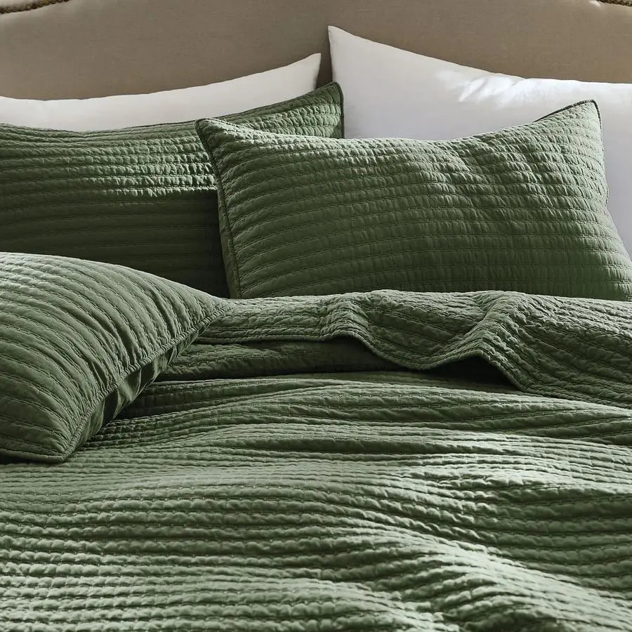 Cotton Quilt Set Lightweight Bedspread With Textured Linen Look Farmhouse