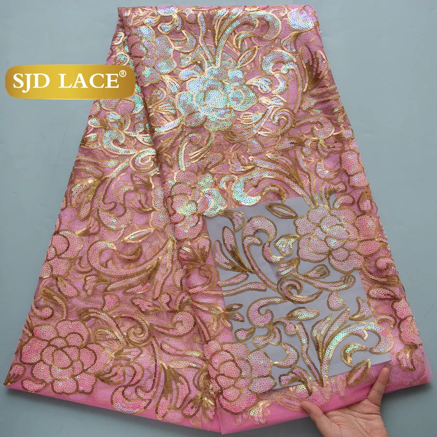SJD Lace African Mesh Sequins Fabric Bridal Lace Wedding Dress
