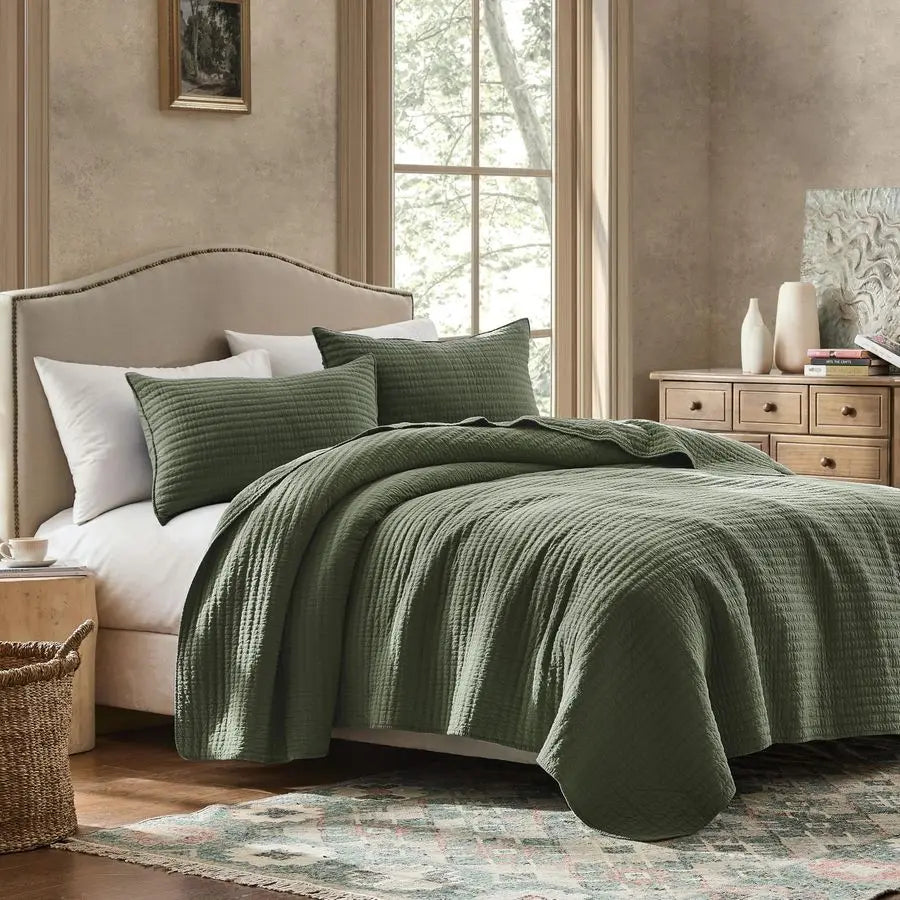 Cotton Quilt Set Lightweight Bedspread With Textured Linen Look Farmhouse