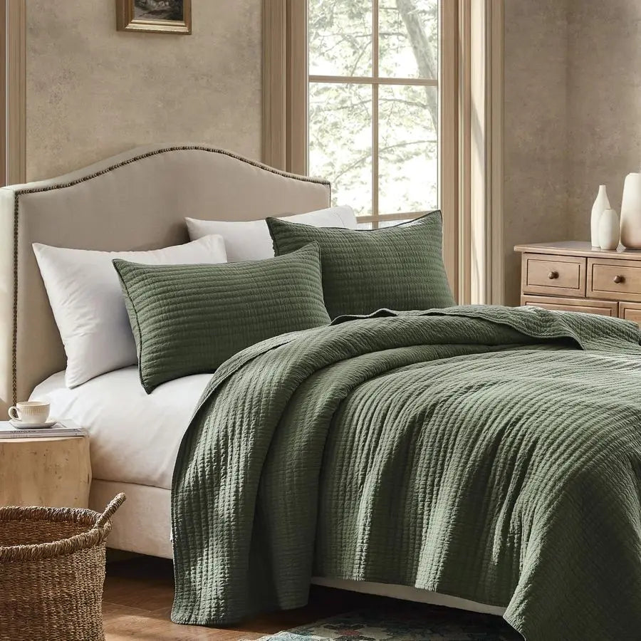 Cotton Quilt Set Lightweight Bedspread With Textured Linen Look Farmhouse