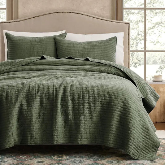 Cotton Quilt Set Lightweight Bedspread With Textured Linen Look Farmhouse