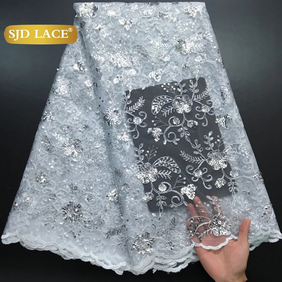 SJD Lace African Mesh Sequins Fabric Bridal Lace Wedding Dress