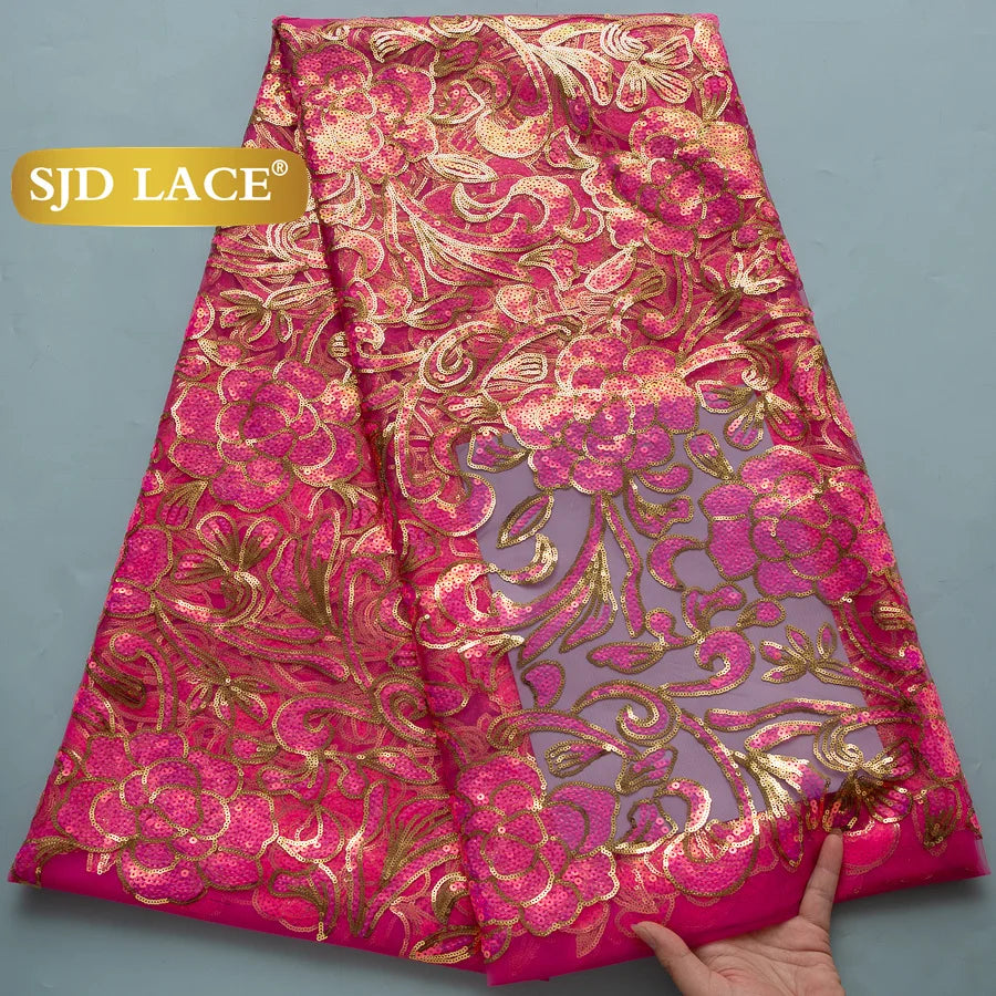 SJD Lace African Mesh Sequins Fabric Bridal Lace Wedding Dress