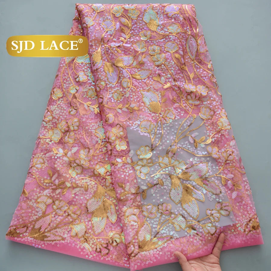 SJD Lace African Mesh Sequins Fabric Bridal Lace Wedding Dress
