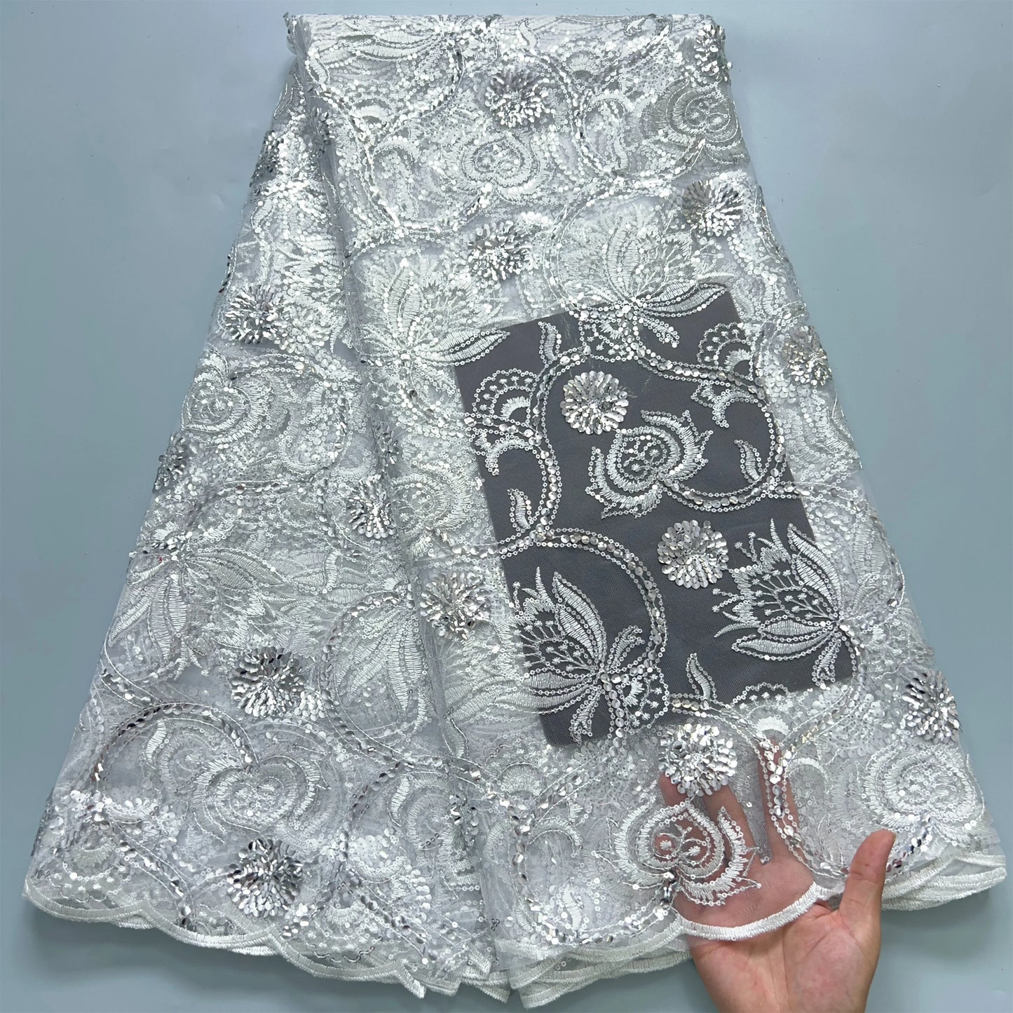 SJD Lace African Mesh Sequins Fabric Bridal Lace Wedding Dress