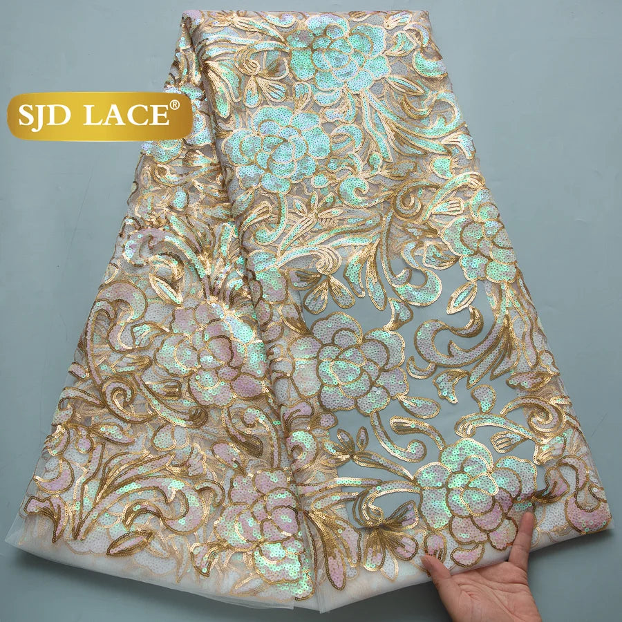 SJD Lace African Mesh Sequins Fabric Bridal Lace Wedding Dress
