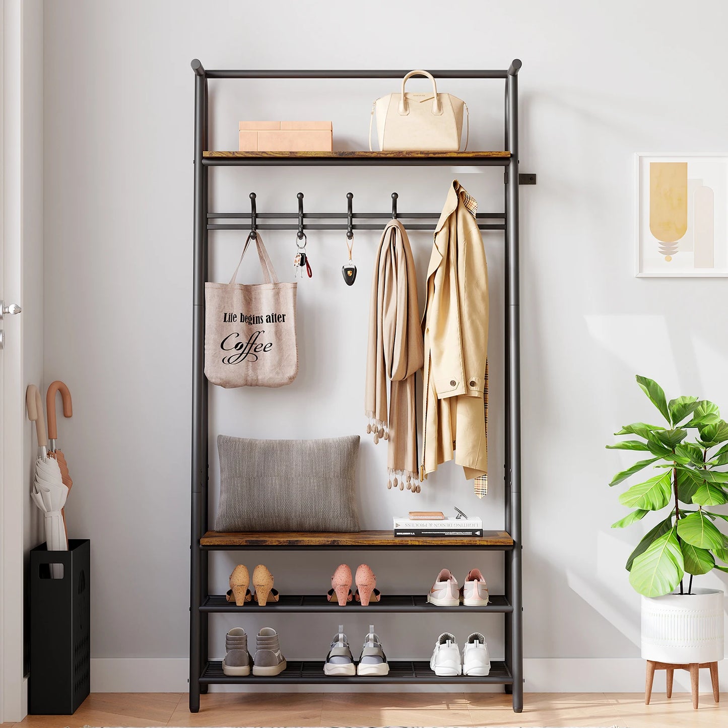 TWISTER.CK 4-in-1 Coat Rack Bench Hall Tree With Shoe Rack