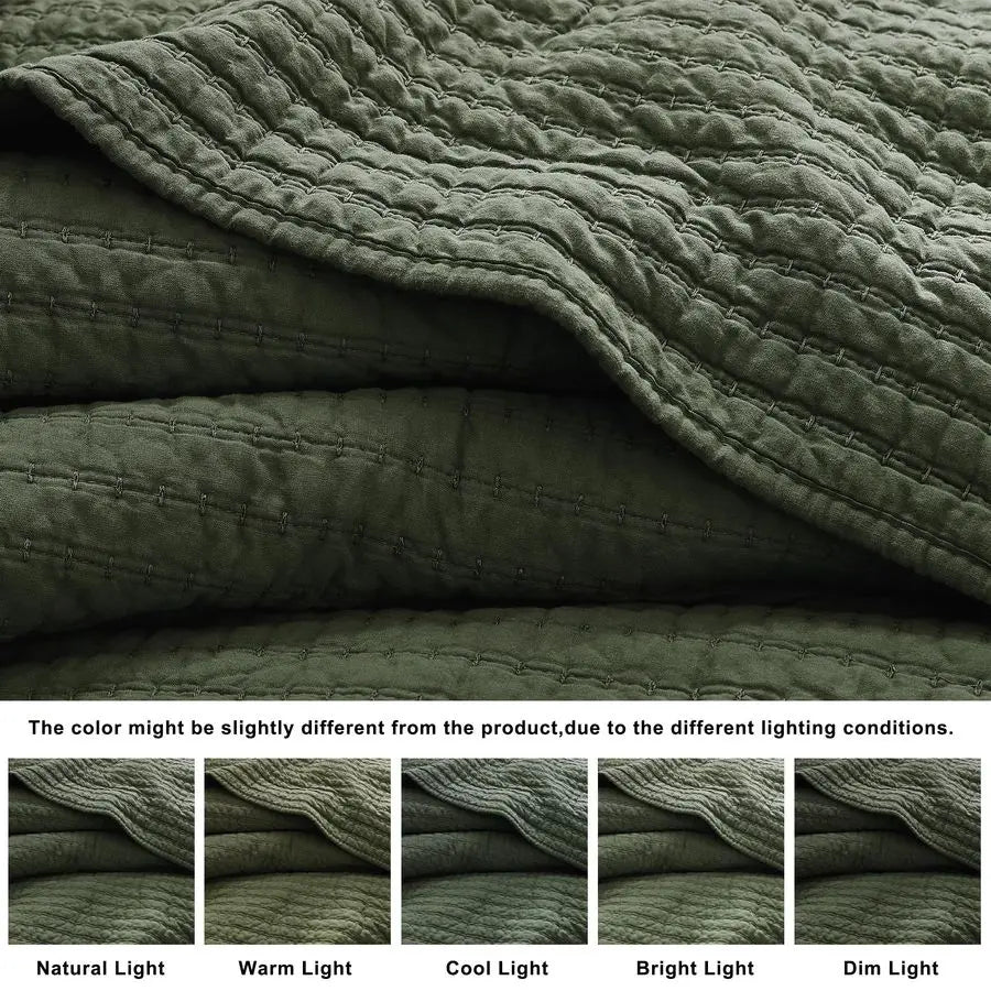 Cotton Quilt Set Lightweight Bedspread With Textured Linen Look Farmhouse