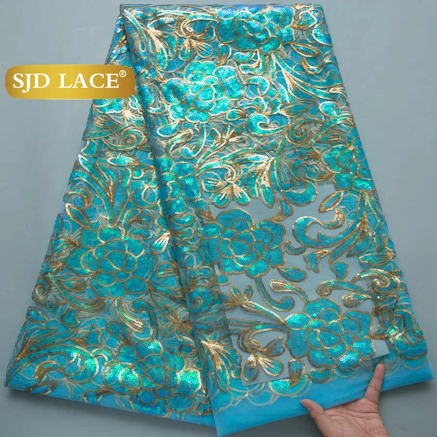 SJD Lace African Mesh Sequins Fabric Bridal Lace Wedding Dress