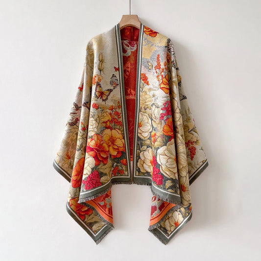 Winter Floral Jacquard Shawl Wrap For Women Warm Polyester Scarf